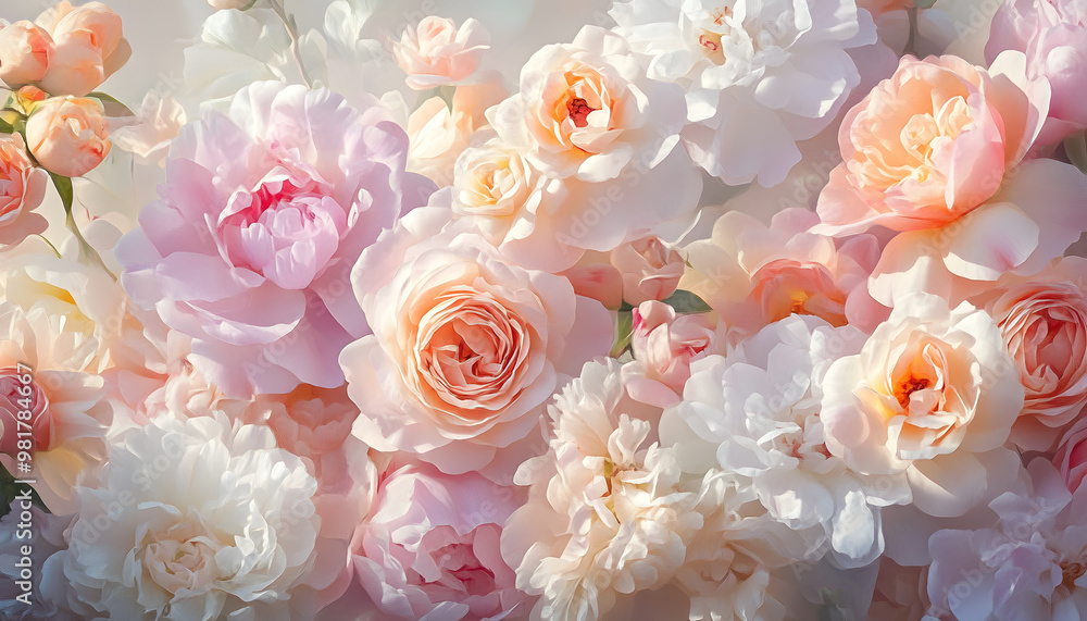 Soft, blooming peonies and roses in pastel shades, adding a delicate and feminine touch Soft, blooming peonies and roses in pastel shades, adding a delicate and feminine touch