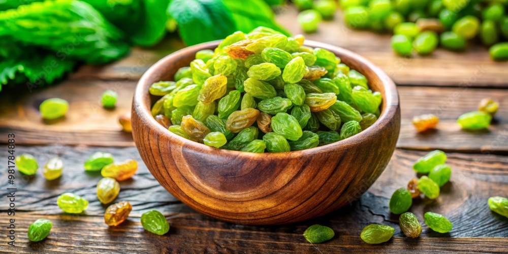 Fresh green raisins nestled in a wooden bowl, surrounded by a natural backdrop, showcasing a vibrant, healthy snack Fresh green raisins nestled in a wooden bowl, surrounded by a natural backdrop, showcasing a vibrant, healthy snack