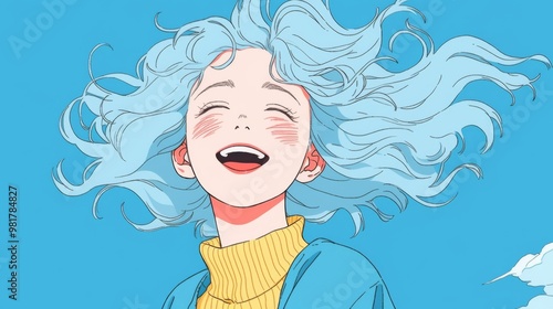 A cute girl with light blue hair laughing heartily in the sky, wearing an oversized shirt with blonde curls. The bright blue background enhances her joyful expression and carefree demeanor 