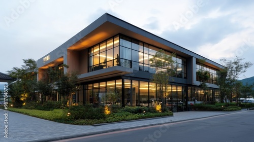 Modern suburban office building illuminated at twilight for architectural design showcase