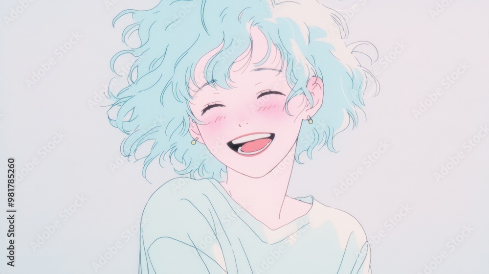 A cute girl with light blue hair laughing heartily in the sky, wearing an oversized shirt with blonde curls. The bright blue background enhances her joyful expression and carefree demeanor A cute girl with light blue hair laughing heartily in the sky, wearing an oversized shirt with blonde curls. The bright blue background enhances her joyful expression and carefree demeanor