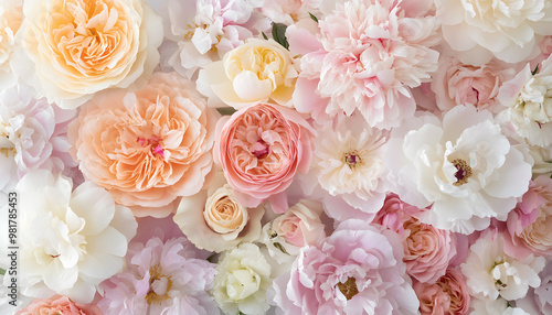 Soft, blooming peonies and roses in pastel shades, adding a delicate and feminine touch