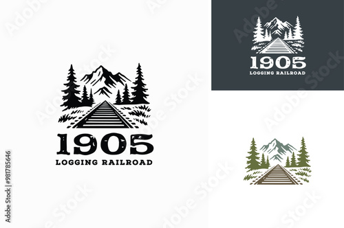 A Rustic Train Railroad with Mountain and Pine Tree Silhouette for Classic Historical of Logging Forest Railway Landscape logo design 