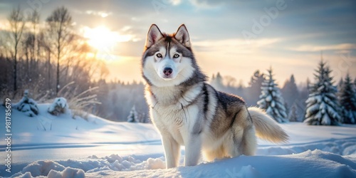 Gentle yet powerful, this majestic Fluffy Siberian husky stands tall in the snowy wilderness, crystalline eyes fixing