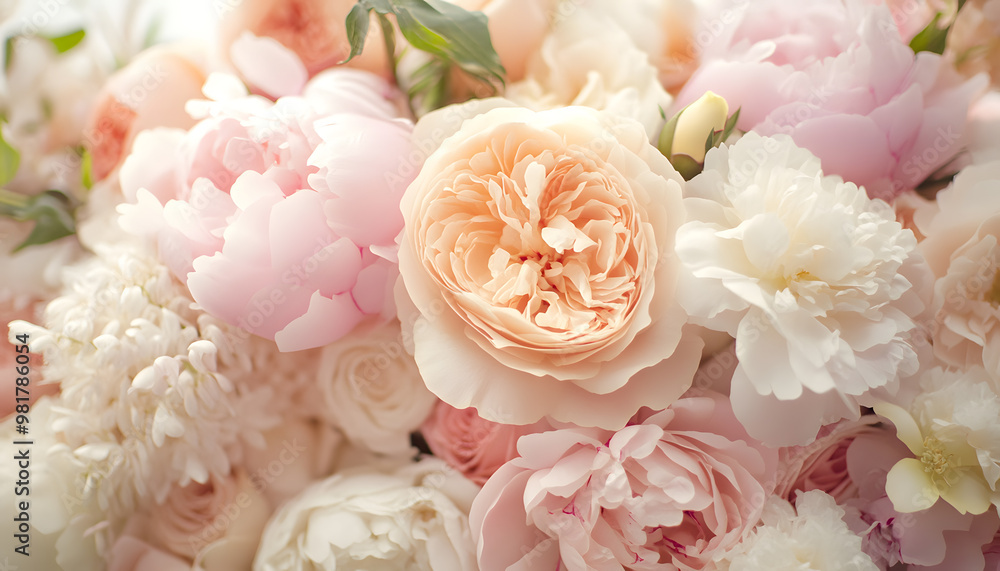 Soft, blooming peonies and roses in pastel shades, adding a delicate and feminine touch Soft, blooming peonies and roses in pastel shades, adding a delicate and feminine touch