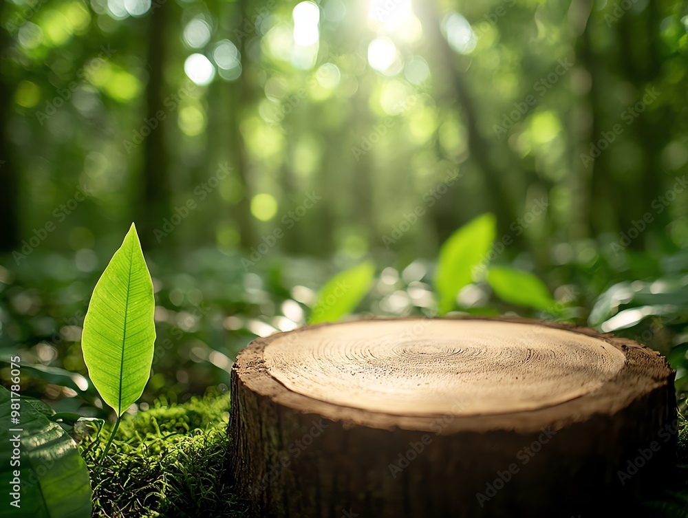 A serene forest scene featuring a wooden stump surrounded by vibrant green leaves and soft light filtering through trees. A serene forest scene featuring a wooden stump surrounded by vibrant green leaves and soft light filtering through trees.