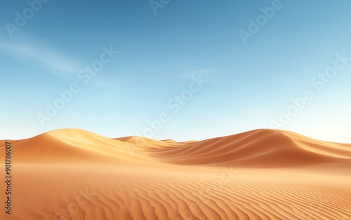 A serene desert landscape with rolling sand dunes under a clear blue sky, creating a sense of tranquility and vastness.