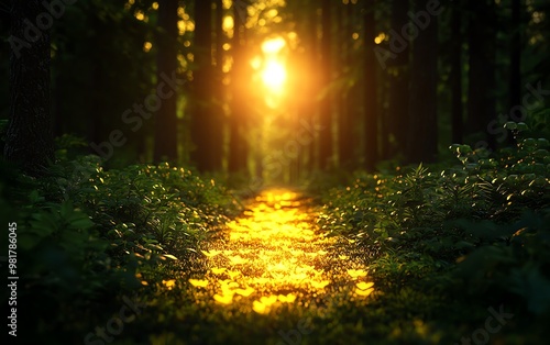 A serene forest path illuminated by golden sunlight, inviting exploration and tranquility in nature's beauty.