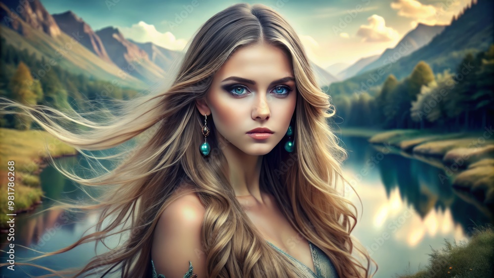 Graceful woman with long flowing hair and piercing blue eyes, set against a backdrop of nature's artistry Graceful woman with long flowing hair and piercing blue eyes, set against a backdrop of nature's artistry