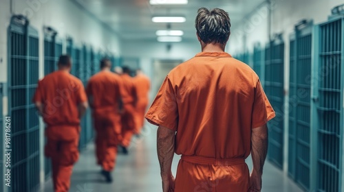 Inmates in blue uniforms walk down a prison corridor, viewed from behind.