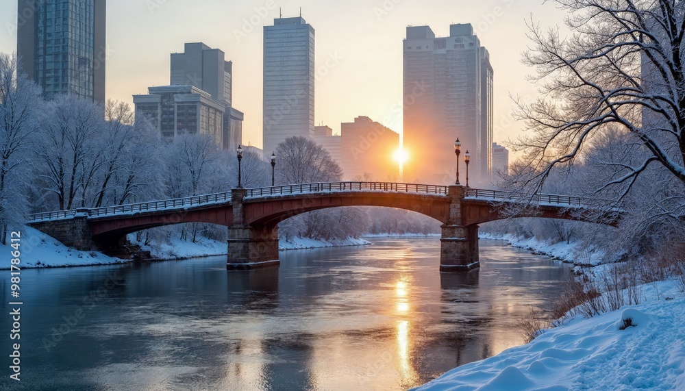 Naklejka premium Winter Sunrise Over City Bridge and River