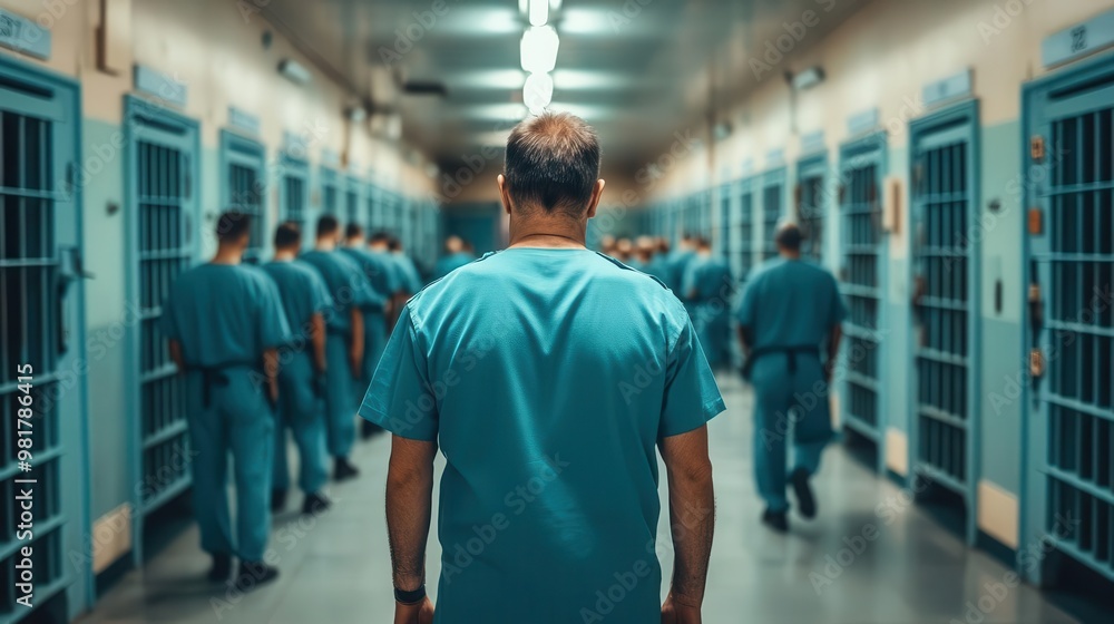 Inmates in blue uniforms walk down a prison corridor, viewed from behind. Inmates in blue uniforms walk down a prison corridor, viewed from behind.