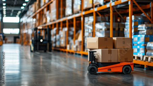 An automated forklift transporting stacked boxes in a modern warehouse, showcasing efficiency in logistics and storage management.