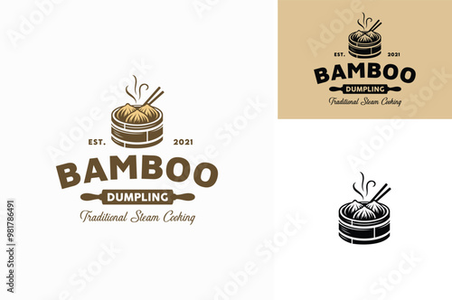 Homemade Dumpling Dim Sum with Chopsticks and Bamboo Steamer for Classic Asian Traditional Cooking Restaurant or Korean Chinese Cuisine logo design