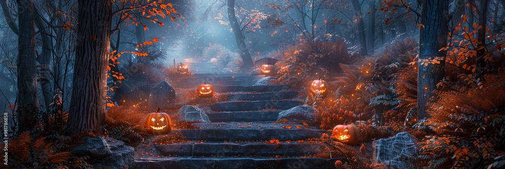 Ghostly pumpkins lighting up both ends of the staircase. Ghostly pumpkins lighting up both ends of the staircase.