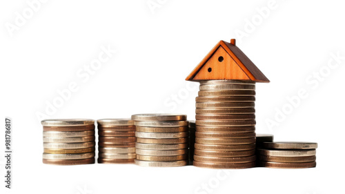 A small wooden house sits atop a stack of coins, symbolizing the cost of homeownership or real estate investment. The coins are stacked in ascending order, showing the increasing cost of housing.