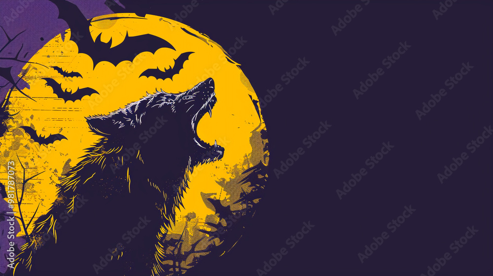 Illustration of a werewolf waking up against a Halloween themed yellow moon. Illustration of a werewolf waking up against a Halloween themed yellow moon.