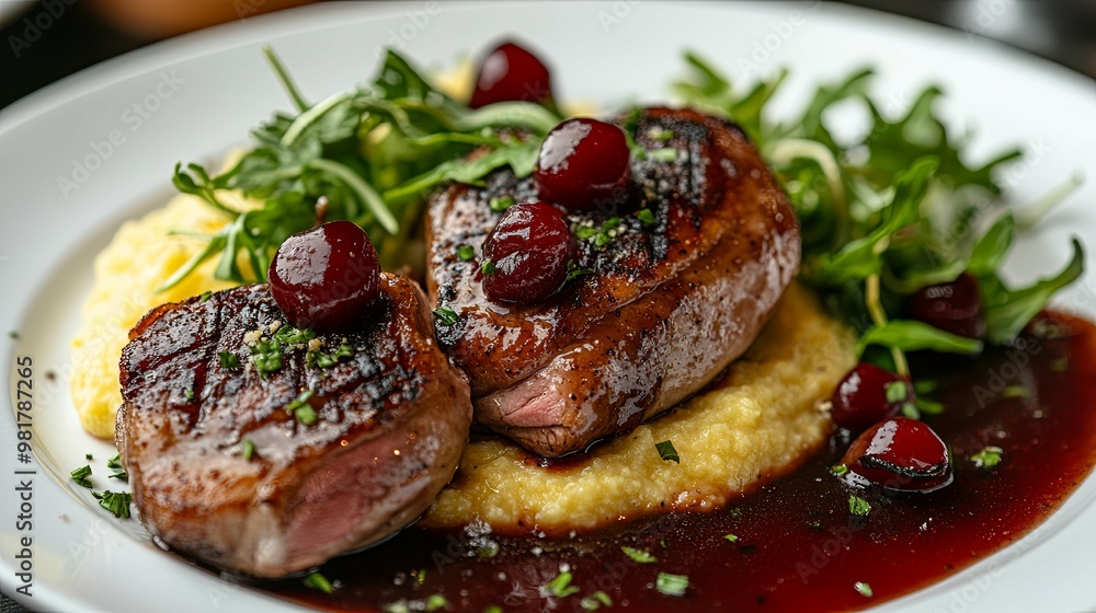 Grilled Duck Breast with Polenta, Cherries, and Red Wine Sauce Grilled Duck Breast with Polenta, Cherries, and Red Wine Sauce