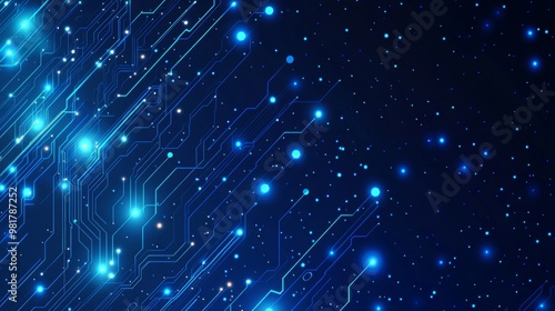 Blue circuit line background vector illustration with glowing dots and stars on a dark blue tech digital technology concept, detailed, intricate, flat design style, flat colors, flat shading