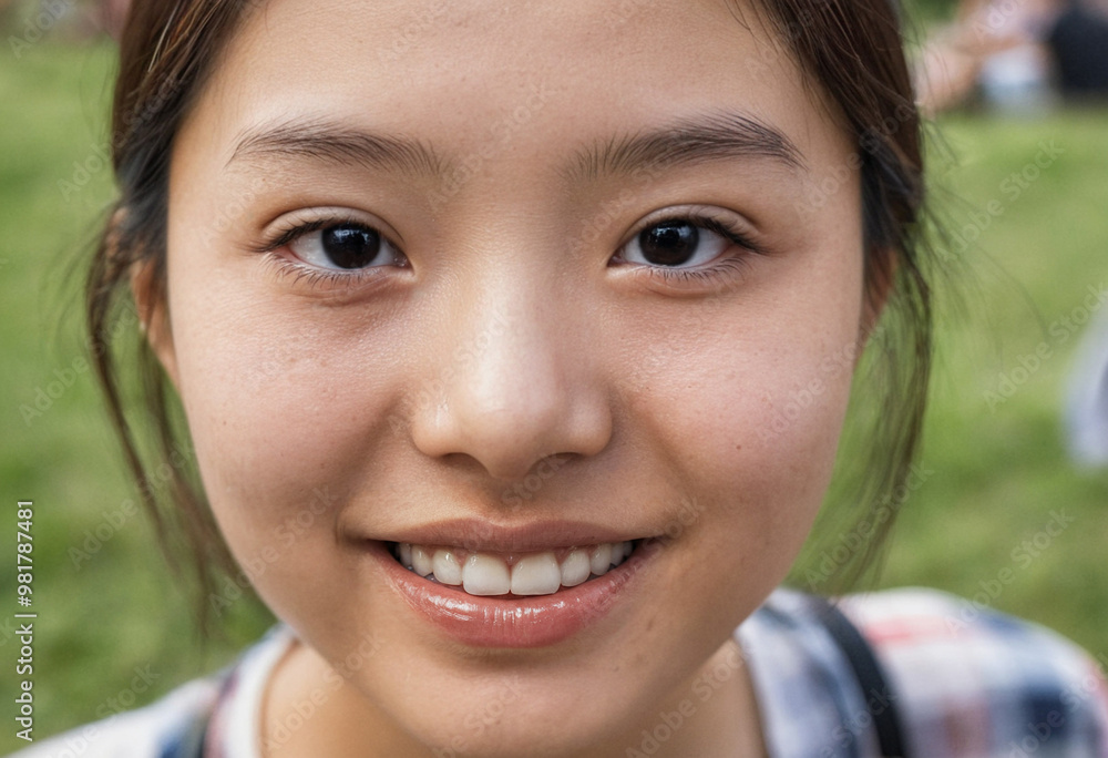 teenage girl or young woman, tanned skin tone, smiling with white teeth, light brown hair, Asian, outside in the garden or city park at a family celebration or event teenage girl or young woman, tanned skin tone, smiling with white teeth, light brown hair, Asian, outside in the garden or city park at a family celebration or event