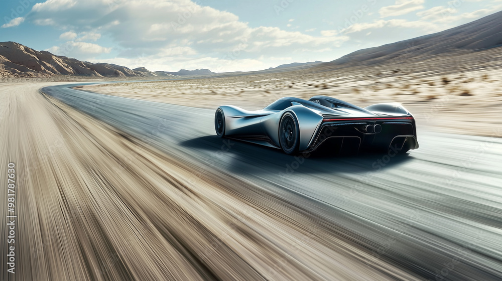Obraz premium Silver Race Car on Empty Desert Road
