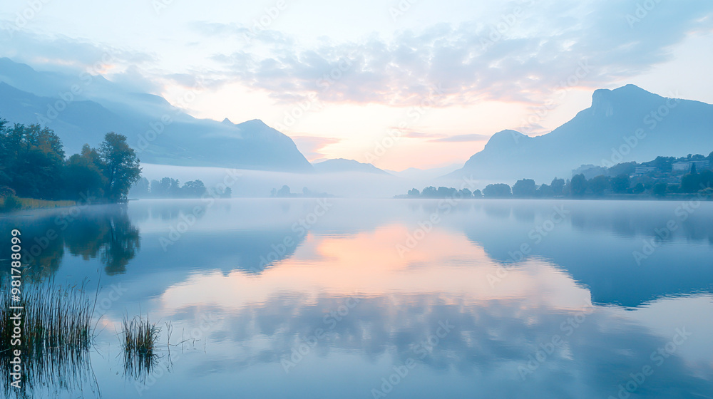 Fototapeta premium Serene Morning Light Over Calm Lake Landscape