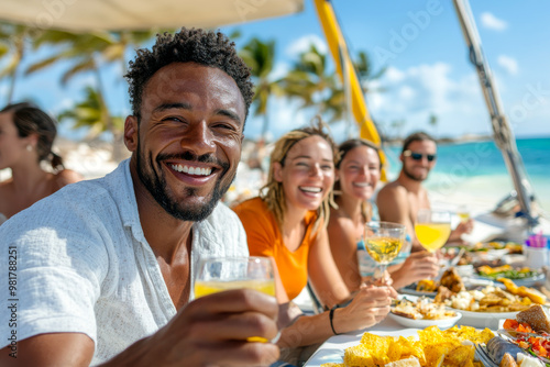 A group of diverse friends laugh and enjoy their time together at a beach, sharing a joyous celebration with food, drinks, and the soothing background of the sea.