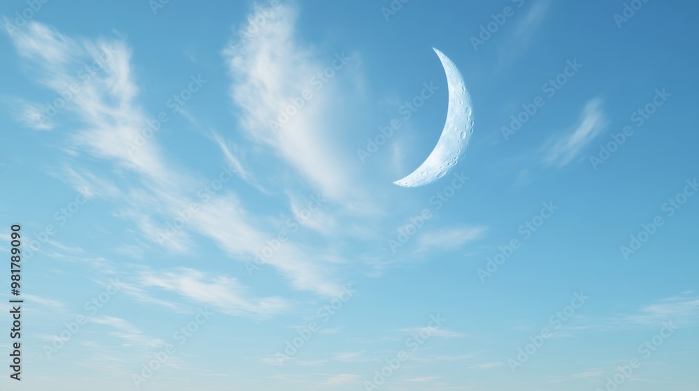 13. A serene daytime view of a new moon basking in the sunlight, with a backdrop of a clear blue sky and soft, drifting clouds 13. A serene daytime view of a new moon basking in the sunlight, with a backdrop of a clear blue sky and soft, drifting clouds