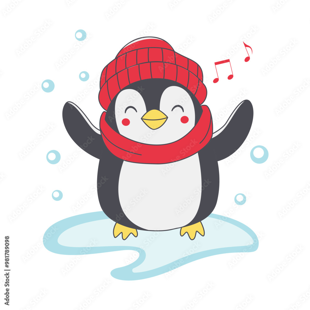 Obraz premium Cute Penguin Animal Cartoon Character Wearing Hat Scarf Warm Clothes Listening Music on Polar Ice
