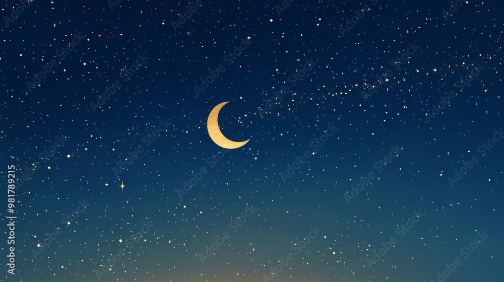 Fototapeta premium 17. A beautiful night sky featuring a crescent moon and a scattering of stars, ideal for an Islamic greeting card for Ramadan, highlighting the holiness of the month