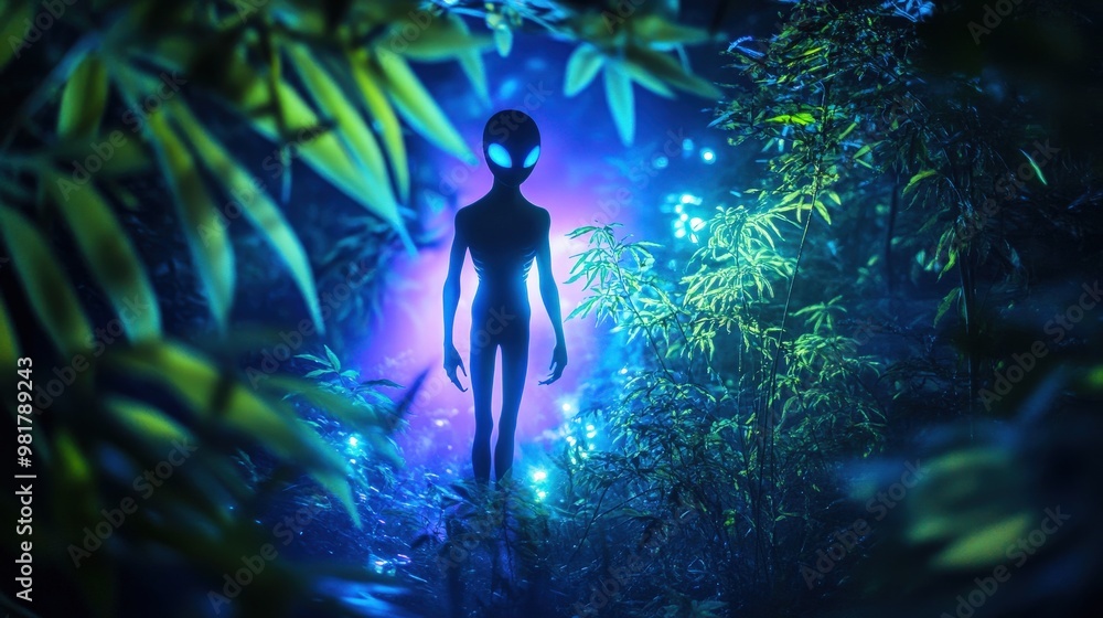 A strange alien creature stands in a forest of glowing lights