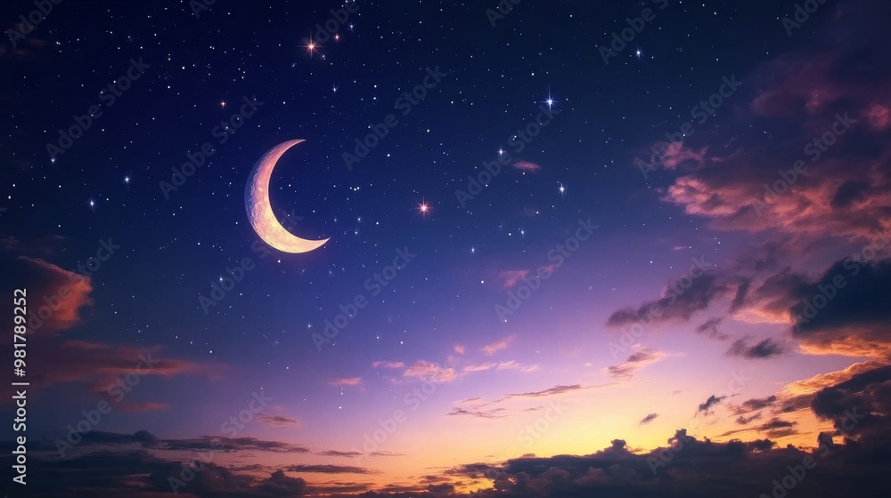 18. A serene night sky with a crescent moon and bright stars, providing a stunning background for a Ramadan greeting card, symbolizing faith and reflection 18. A serene night sky with a crescent moon and bright stars, providing a stunning background for a Ramadan greeting card, symbolizing faith and reflection