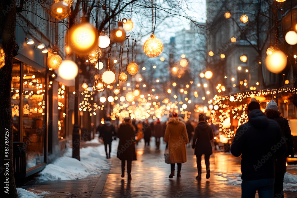 Crowded urban street adorned with warm hanging lights, creating a festive ambiance as people stroll through snowy paths, enjoying the holiday decorations and hustle.