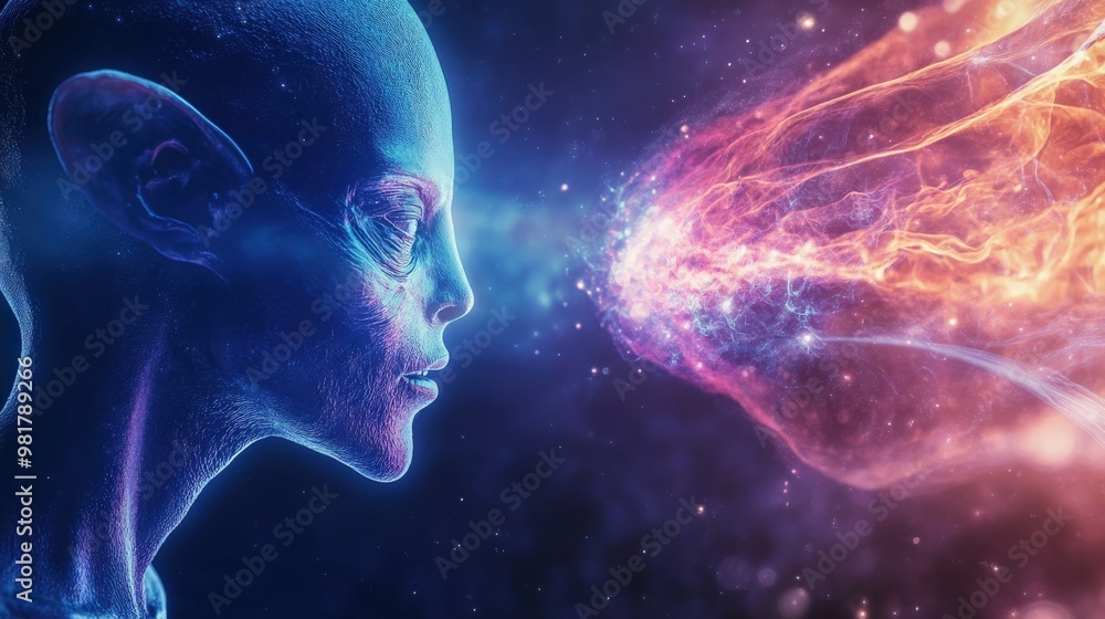 An alien is surrounded by a glowing blue and orange cloud. Concept of wonder and mystery, as if the woman is being drawn into a different world or dimension