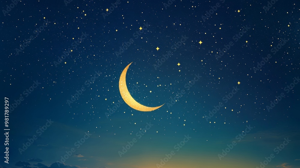 Naklejka premium 20. A captivating night sky with a crescent moon and starry backdrop, designed for a Ramadan greeting card, representing the spirituality and beauty of the holy month