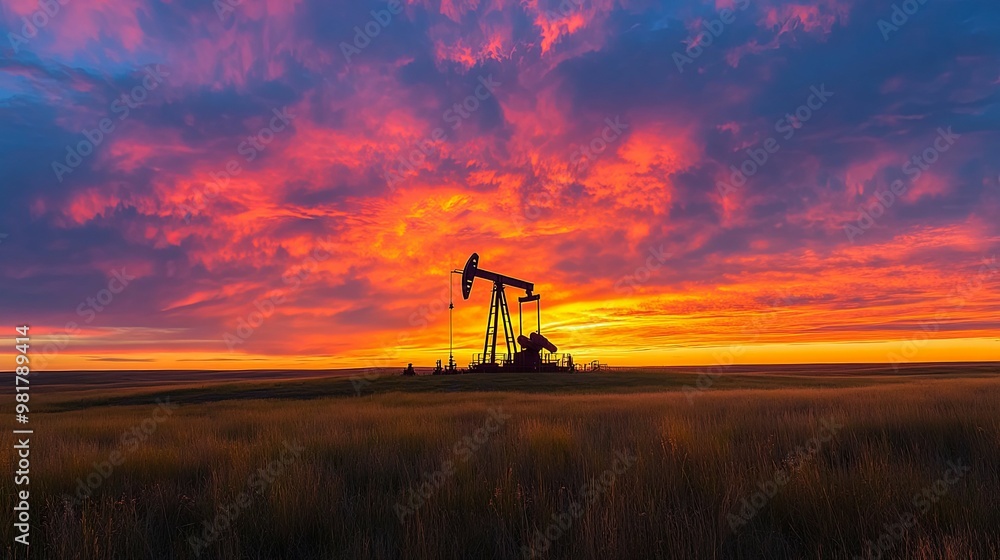 Fototapeta premium Oil Rig Silhouetted Against a Dramatic Sunset