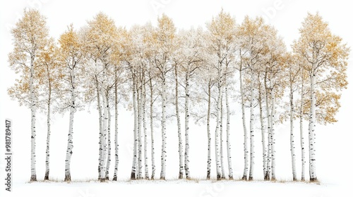 A line of aspen trees with golden leaves in the snow photo