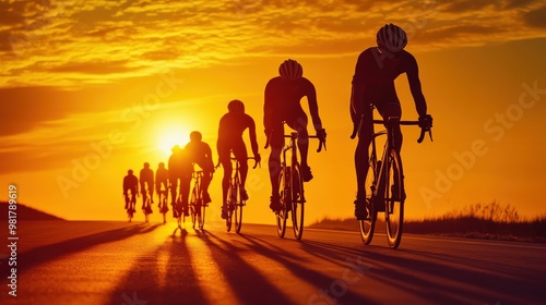 A cyclists ride in a line, with their shadows cast on the ground