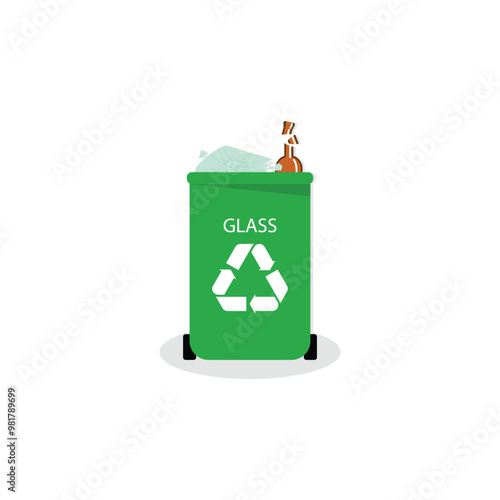 A vector illustration of a green glass recycling bin with a white recycling symbol and the label "GLASS." The bin contains discarded glass items