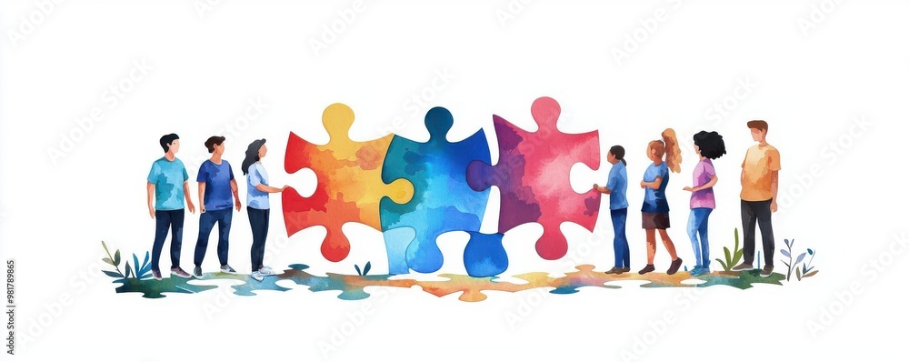 Group of volunteers, giant puzzle on the ground, unity in diversity, watercolor style Group of volunteers, giant puzzle on the ground, unity in diversity, watercolor style