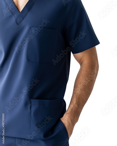 A close-up of a healthcare professional wearing a navy scrub top with a pocket, showcasing comfort and style in medical apparel.