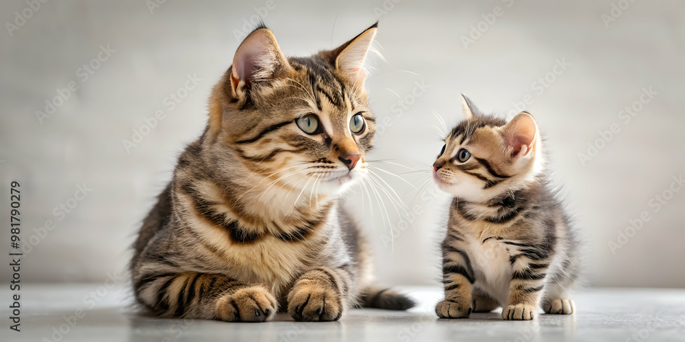 Adorable tabby cat looking lovingly at her playful kitten , feline, pets, cats, family, love, adorable, tabby, two Adorable tabby cat looking lovingly at her playful kitten , feline, pets, cats, family, love, adorable, tabby, two