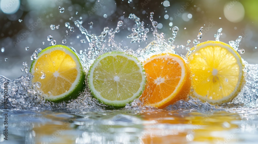 Citrus Fruits Splashing into Water with Droplets Citrus Fruits Splashing into Water with Droplets