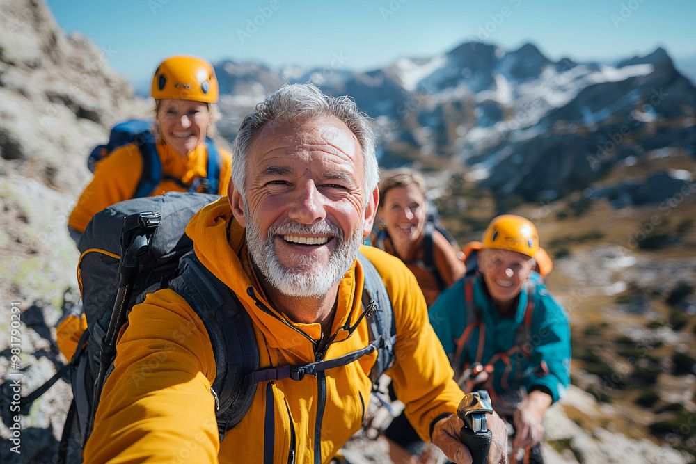 A group of four energetic hikers on a mountain expedition, smiling brightly for a selfie with both rocky terrain and bright blue sky reflecting their achievement. A group of four energetic hikers on a mountain expedition, smiling brightly for a selfie with both rocky terrain and bright blue sky reflecting their achievement.