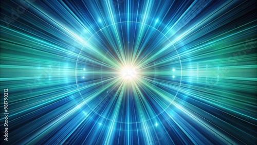 Dynamic tunnel of speed light with a starburst background in shades of blue and green, speed, light, technology, abstract