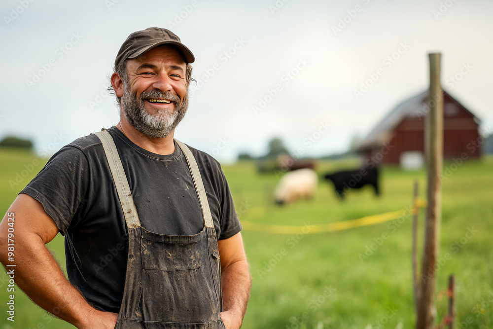 A smiling farmer stands confidently in a grassy field with cattle peacefully grazing nearby, capturing the essence of rural life and agricultural dedication. A smiling farmer stands confidently in a grassy field with cattle peacefully grazing nearby, capturing the essence of rural life and agricultural dedication.
