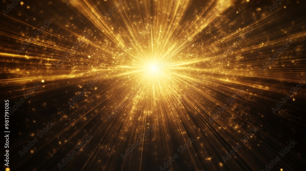Naklejka premium 79. Radiant gold light rays bursting from the top center against a dark background, creating an abstract and captivating light flare effect, ideal for high-resolution loop animations