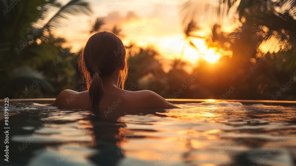 83. Sunset view of a woman enjoying a relaxing dip in a luxurious spa pool, with tropical surroundings and a serene atmosphere, highlighting health and wellness on a tropical vacation 83. Sunset view of a woman enjoying a relaxing dip in a luxurious spa pool, with tropical surroundings and a serene atmosphere, highlighting health and wellness on a tropical vacation