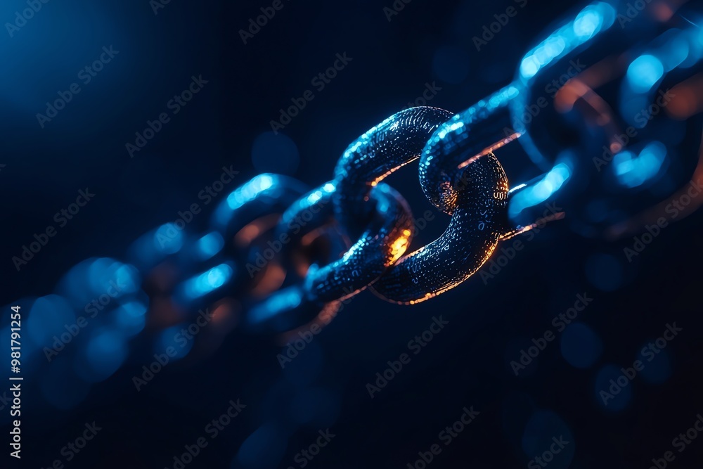 Close-up of a metallic chain with a blue glow, highlighting its texture and strength. Perfect for industrial and technology themes. Close-up of a metallic chain with a blue glow, highlighting its texture and strength. Perfect for industrial and technology themes.