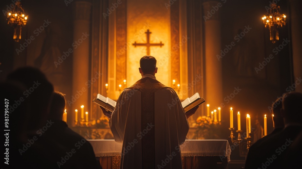 89. The priest stands solemnly before the congregation, the Bible in his hands, with a cinematic focus on the holy book. The soft glow of candles and natural light enhances the sacred atmosphere 89. The priest stands solemnly before the congregation, the Bible in his hands, with a cinematic focus on the holy book. The soft glow of candles and natural light enhances the sacred atmosphere